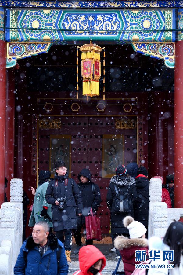 2月12日，游客在北京故宫游览。 当日，北京降雪，大批游人来到故宫游览赏雪。 新华社发（王琎 摄）