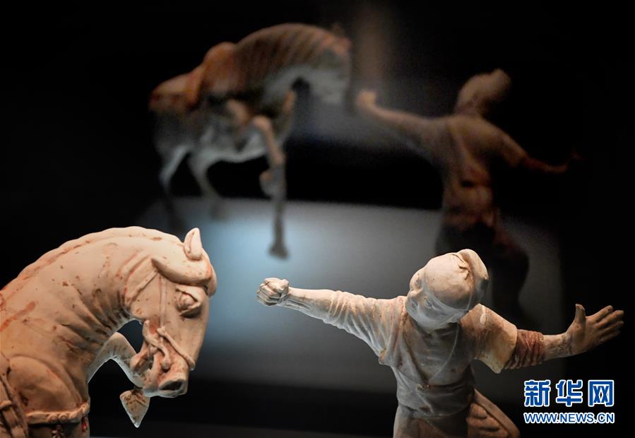 这是洛阳博物馆展品“彩绘陶马与驯马俑”。