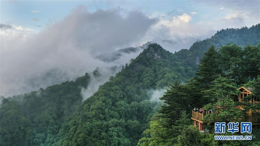 5月30日，游人在五龙洞国家森林公园呼龙台前欣赏风景。