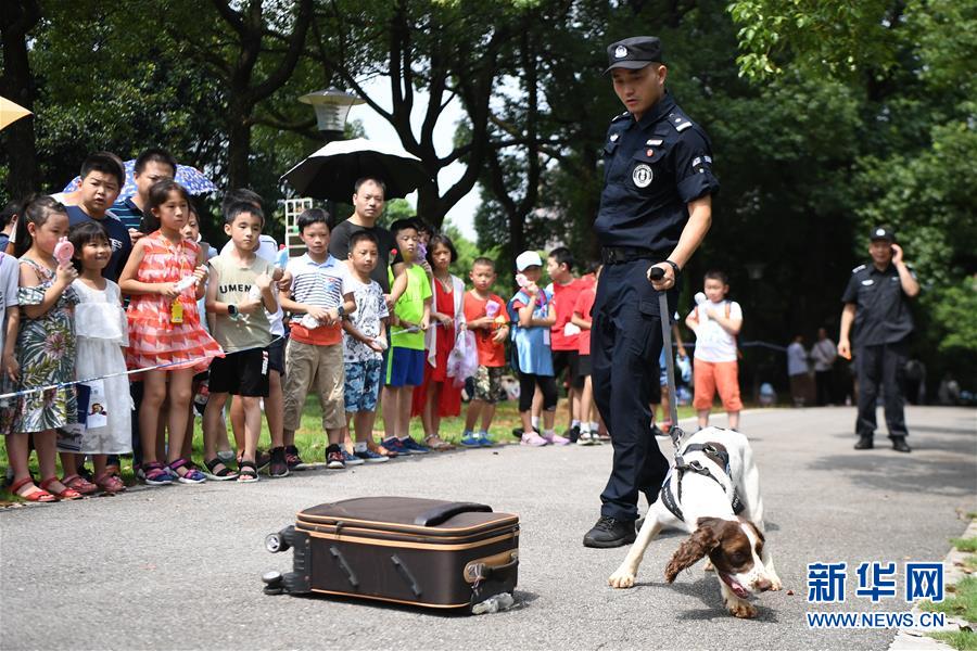 7月18日，警犬在表演箱包搜毒。