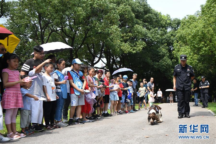 7月18日，警犬在表演血迹搜索。
